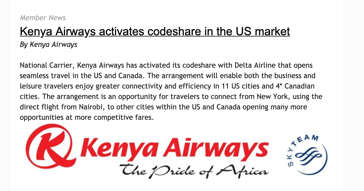 Kenya Airways activates codeshare in the US Market